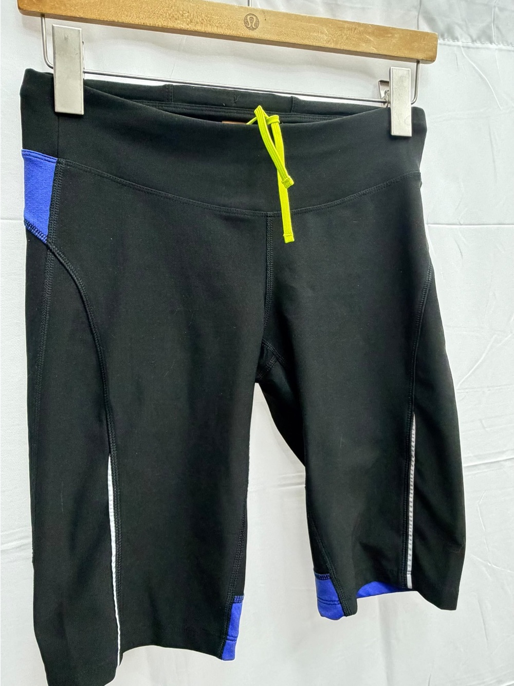 Lucy Black Shorts with Blue Panels and Yellow Drawstring